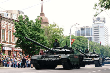 Rostov-on-Don / Russia - 9 May 2018: The modern military tank T-90 drove through the streets of the city in honor of the Victory Day Victory Day on May 9, 1945のeditorial素材