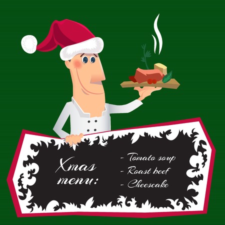 Chef wearing santa hat serving the dish. Vector illustrationのイラスト素材