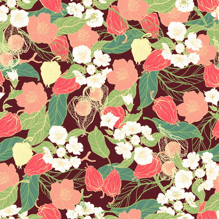 Floral ornamental illustration. Leaves, flowers and fruits  pattern for wallpaper, background, textile seamlessのイラスト素材