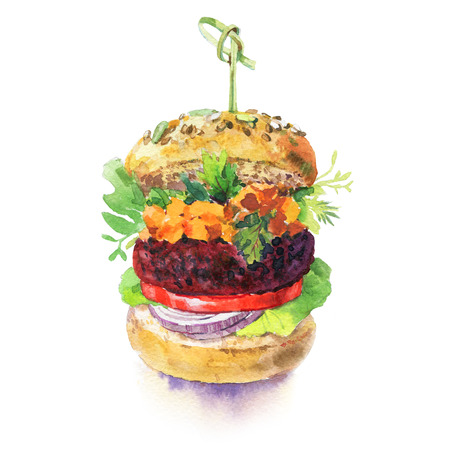 Burger  isolated on white background. Vegan burger with Lettuce, Tomato, beetroot, carrot and onion. Hand painted realistic  illustration.の写真素材