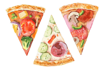 Pizza slice with tomato, cheese, basil, salami on white background. Doodle top view. Hand-drawn Menu...