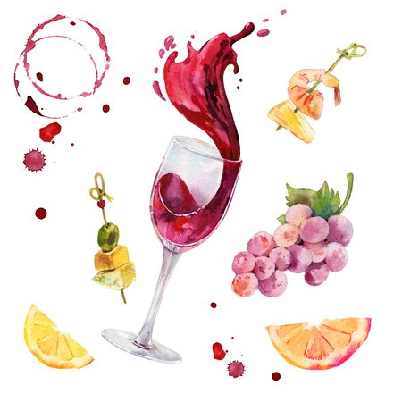 Wine  set. Glass of red wine with wine splash. Grapes, cheese, fruits and wine staines hand-painted and isolated on white background.の写真素材