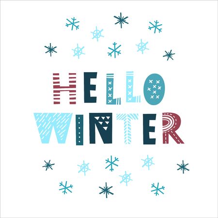 Hello winter - hand drawn inscription in scandinavian style. Hand drawn colorful lettering for diary, calendar, planner, poster, greeting, save the date card. Vector illustration.のイラスト素材