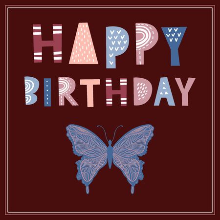 Happy birthday - greeting card with hand drawn lettering in scandinavian style and butterfly.のイラスト素材