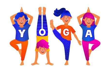 Yoga Colorful cartoon characters. Yoga workout set. Kids doing yoga exercises. Can be used for poster, banner, flyer, card, website. Vector illustration.のイラスト素材