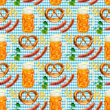 Seamless pattern watercolor Octoberfest beer collection. Classical Octoberfest beer mug with draft beer and snacks - pretzel, sausages, french fries.の写真素材