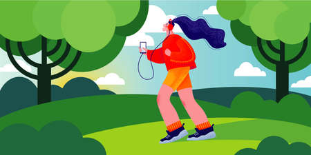 Jogging in the park young happy woman. Vector modern trendy illustration in flat style and bright modern colors.のイラスト素材