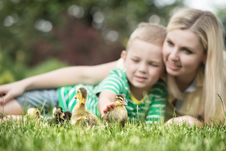 Mother and son lying on grass and looking like a little duck walkの写真素材