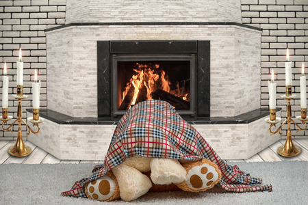 Two Teddy bear hugging under a blanket. A romantic evening by the fireplace.love under the blanket ?の写真素材