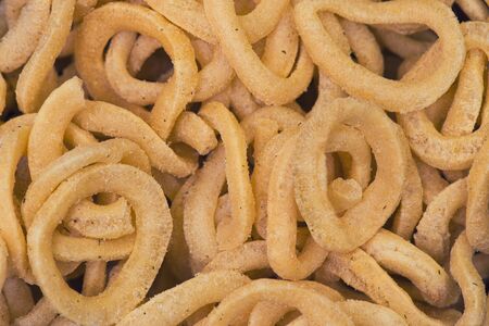 Crispy Potato Chips. Closeup .Top view, background.の写真素材