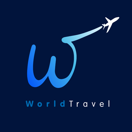 W travel company icon. Airline world travel icon design symbol with capital "W" letter and planeのイラスト素材