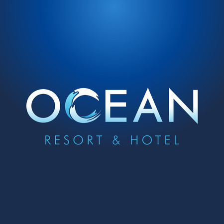 Ocean lettering resort hotel logo. Logo of tourism, resort or hotel by the sea, vector ocean letters and c waves symbolのイラスト素材