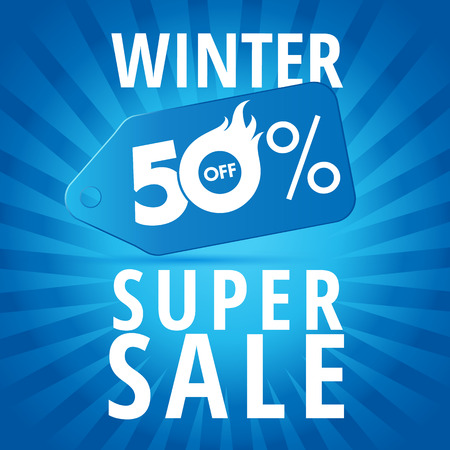 Winter super sale. Winter super sale background with blue realistic tag 50% off vector bannerのイラスト素材