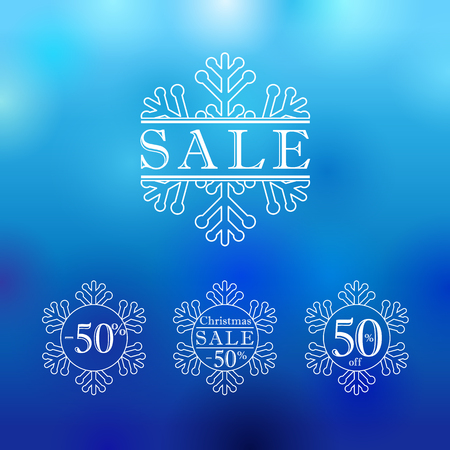 Christmas and New Year vector sale ad. Winter discount sticker of percent off on blue abstract background. Set of snowflake price labels.のイラスト素材