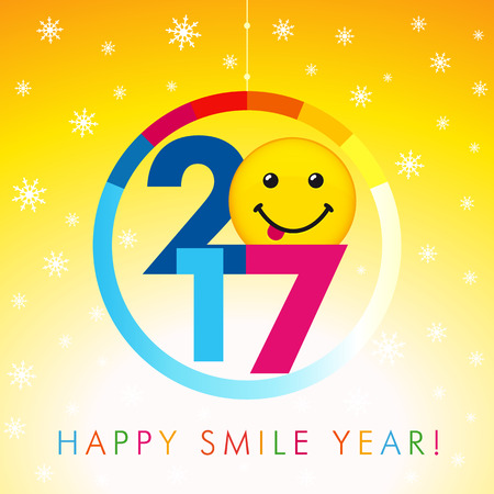 2017 happy smile year card. Happy holidays card with snow flakes and color figures in 2017 and smile with tongueのイラスト素材