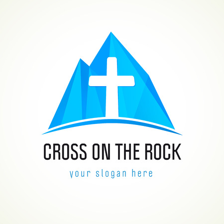 Cross on the rock logo. Christian church sign and mountain.のイラスト素材