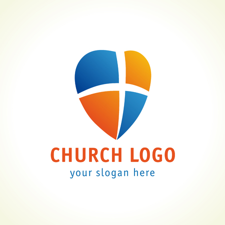 Christian church logo. Cross, heart and shield vector icon. Symbol of gods protection.のイラスト素材