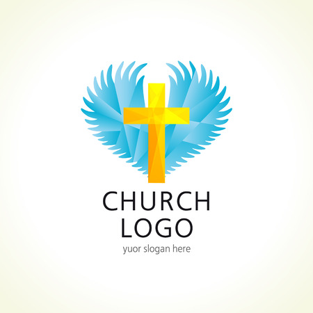 Vector logo for church, christian mission or organization. Facet cross, wings ahd heart sign.のイラスト素材