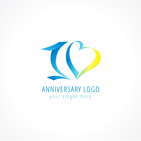 10th anniversary digits logo. Numbers of birthday years icon in the shape of tape heart. Vector figures symbol. Design for greeting card.のイラスト素材
