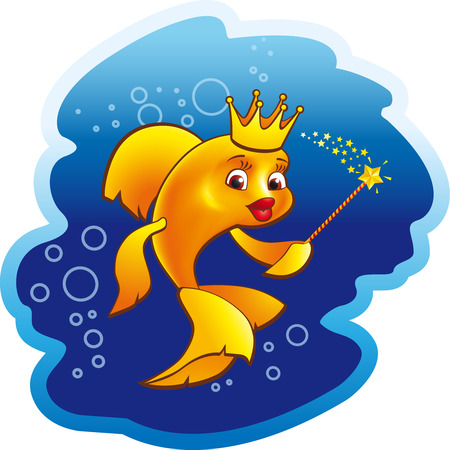 Golden fish princess vector animation illustration. Ethnic fairy magic symbol of miracles. Vintage sea animals queen sign with wand. Beauty and fashion or wealth and success icon. Holiday logo.のイラスト素材
