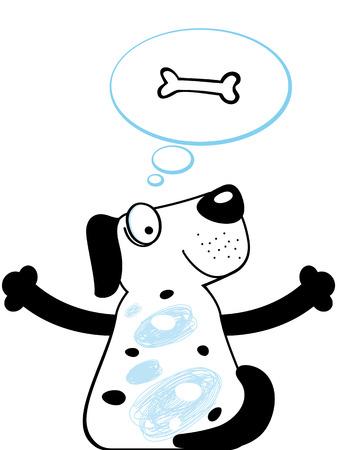 Dog dreams and thoughts about food logo. Dog is dreaming about food, bone in speaking window. Pets food business sign. Animated thinking dog muzzle vector illustration.のイラスト素材
