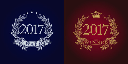Awards 2017 vintage logo. The sign of winner for competitions 2017 in frame of the laurel branches arms. Best seller, film, actor, actress, writer, artist or journalist in new year reward symbol.のイラスト素材