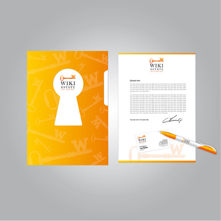 Sorporative style concept. Real estate business logo and company brandbook design. Vector set of office objects. File, document, pen, letter blank and business card. Vintage key sign, retro keyhole.のイラスト素材