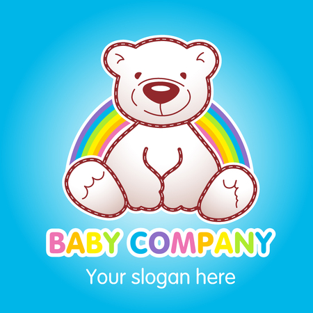 Goods for kids top store vector logo. Toy animated baby bear sitting under rainbow. Toys shop ad, book of tales character. Greeting card for Teddy holidays concept. Children's store branding signのイラスト素材