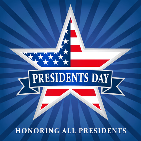 Presidents day USA star ribbon dark blue. Lettering Presidents Day and Honoring all presidents vector banner, USA flag on background in starのイラスト素材