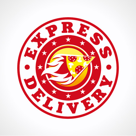 Hot pizza express delivering vector logo. Fiery piece of cake in circle fastfood brand sign. Cafe, pizzeria, restaurant, lunch bar courier service round icon.のイラスト素材