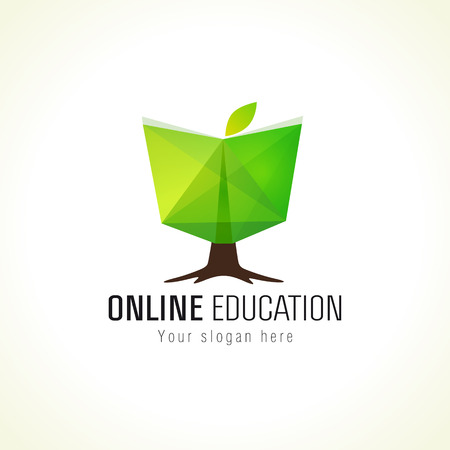 Educational green vector logo. Open book in a shape of growing tree. Internet network online school icon. Virtual iq courses branding identity.のイラスト素材