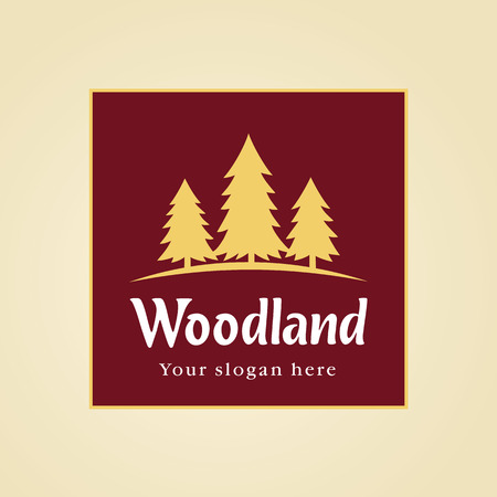 Wood land vector logo. Landscaping business company, garden service or real estate icon. National park or cottage town. Three fir-trees on hill. Coniferous forest pointer. Out of town sign.のイラスト素材