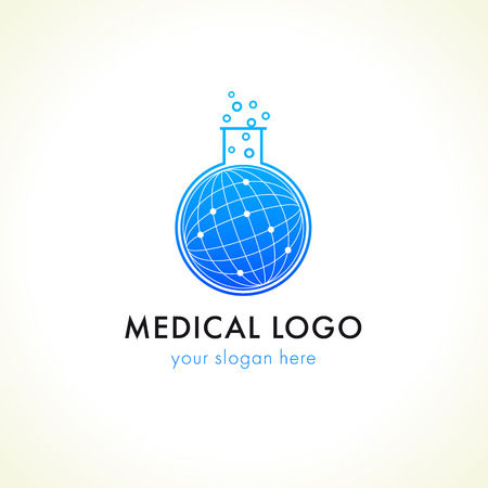 Medical lab logo. Blue water globe in laboratory flask. Vector sign of tests and science research.のイラスト素材