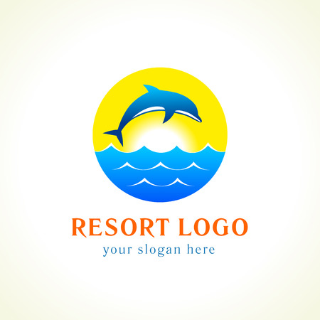 Dolphin jumping above waves. Sea, sun, travel vector logo. Branding identity of hotels, tourist business, spa, beach service, healthcare, resort or hotel by the ocean. Summer holidays symbol.のイラスト素材