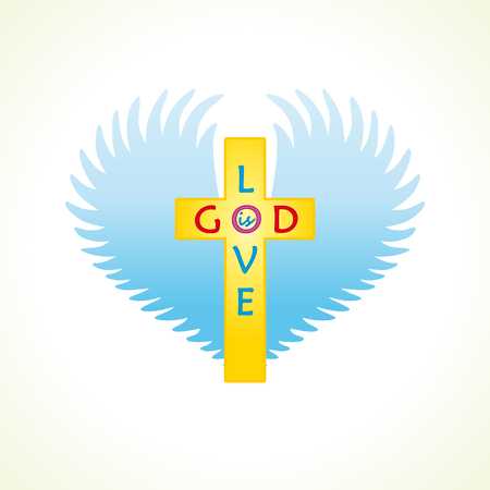 Cross, heart, angel's wings. Religious vector christian church logo. Symbol of love, prayer and faith. Template emblem for charity organizations or music album idea. God is love crucifix icon.のイラスト素材