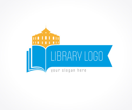 Library vector logo. University, museum, college, academy or high school educational icon. Open book with pages and old historical building vector sign.のイラスト素材