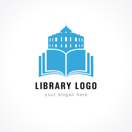 Library vector logo blue. University, museum, college, academy or high school educational icon. Open book with pages and old historical building vector sign.のイラスト素材
