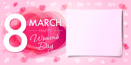 Happy Womens day 8 march banner. 8 March Women's Day greeting card template with vector pink hearts and paper on backgroundのイラスト素材