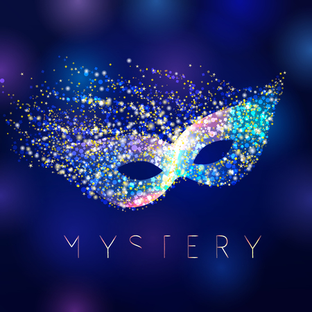 Mystery celebrating vector mask. Shining lighting holiday logo. Gold and blue colored decorating accessory on abstract water background. Greeting card, arts idea.のイラスト素材