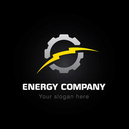 Energy company logo. Electrical or mechanic industrial company brand icon. Lightning and gears. Electricity, bolt vector sign.のイラスト素材