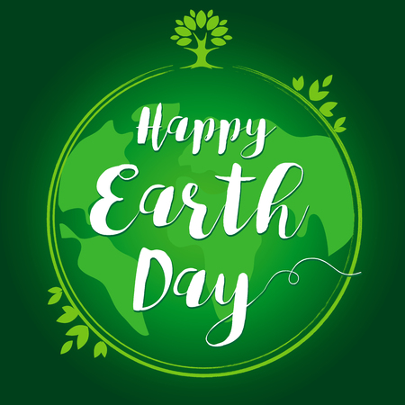 Happy Earth Day hand lettering globe leaf card. World environment day vector background, save the earth. Green day, eco friendly ecology conceptのイラスト素材