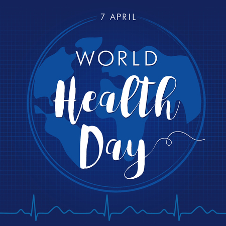 World Health Day card. Globe and normal cardiogram as a concept for World Health Day. Poster for April 7, World Health Dayのイラスト素材