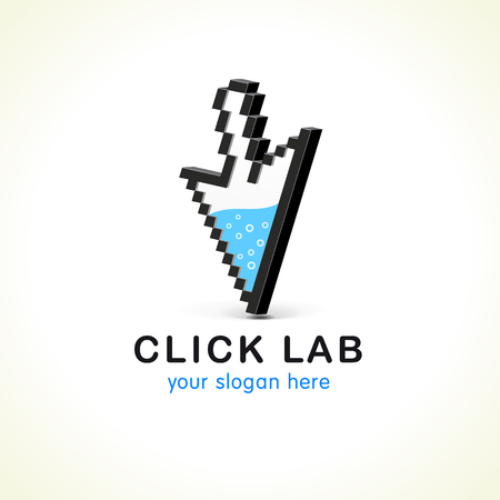Click arrow pixel sign. Click lab vector icon. Navigate pointer filled by water, computer or smartphone settings symbol. Logo for web design businessのイラスト素材