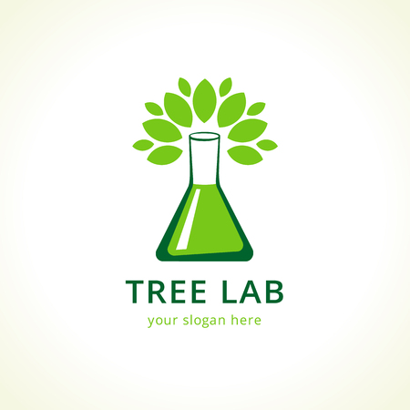 Natural lab logo. Green leaves, tree in a shape of testing flask. Tests, cosmetics, chemist's sign. Scientific environmental researches. Healthy life or products symbol. Pharmaceutical companies.のイラスト素材