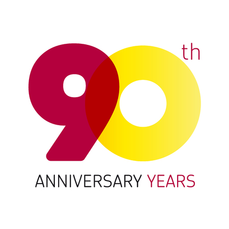 90 years old celebrating classic logo. Anniversary year of 90 th vector numbers. Birthday greetings celebrates with transparency. Traditional digits of jubilee ages. Colored letter O.のイラスト素材