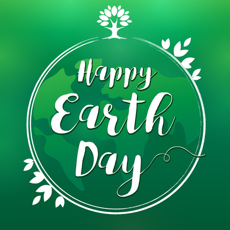 Happy Earth Day lettering globe and leaf banner. Vector illustration with the planets, leaves and words Happy Earth Day card background. Save the earth and Green Day conceptのイラスト素材