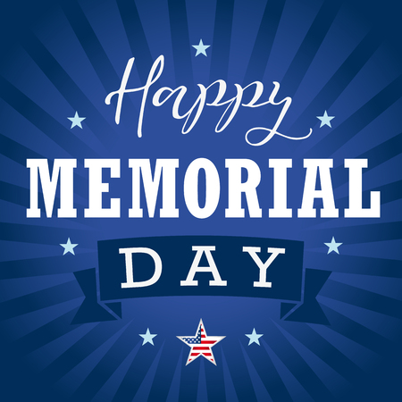 Happy Memorial Day USA star, ribbon and stripes banner. Happy Memorial Day hand lettering vector card.のイラスト素材