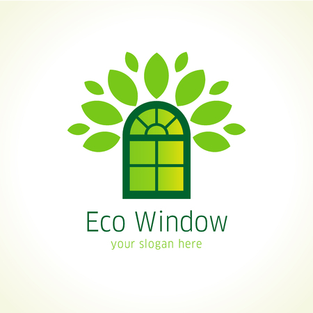 Windows eco vector logo. Template icon of constructing architectural or environmental company in a shape of green arch window, crown of leaves. Sign to buy windows or doors from natural materials.のイラスト素材
