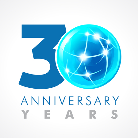 30 years old celebrating connecting logo. Anniversary year of 30 th vector template with volume cosmos 0. Greetings ages celebrates. Technologies, communicating sign with lighting flashes and sparks.のイラスト素材