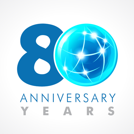80 years old celebrating connecting logo. Anniversary year of 80th vector template with volume cosmos 0. Greetings ages celebrates. Technologies, communicating sign with lighting flashes and sparks.のイラスト素材
